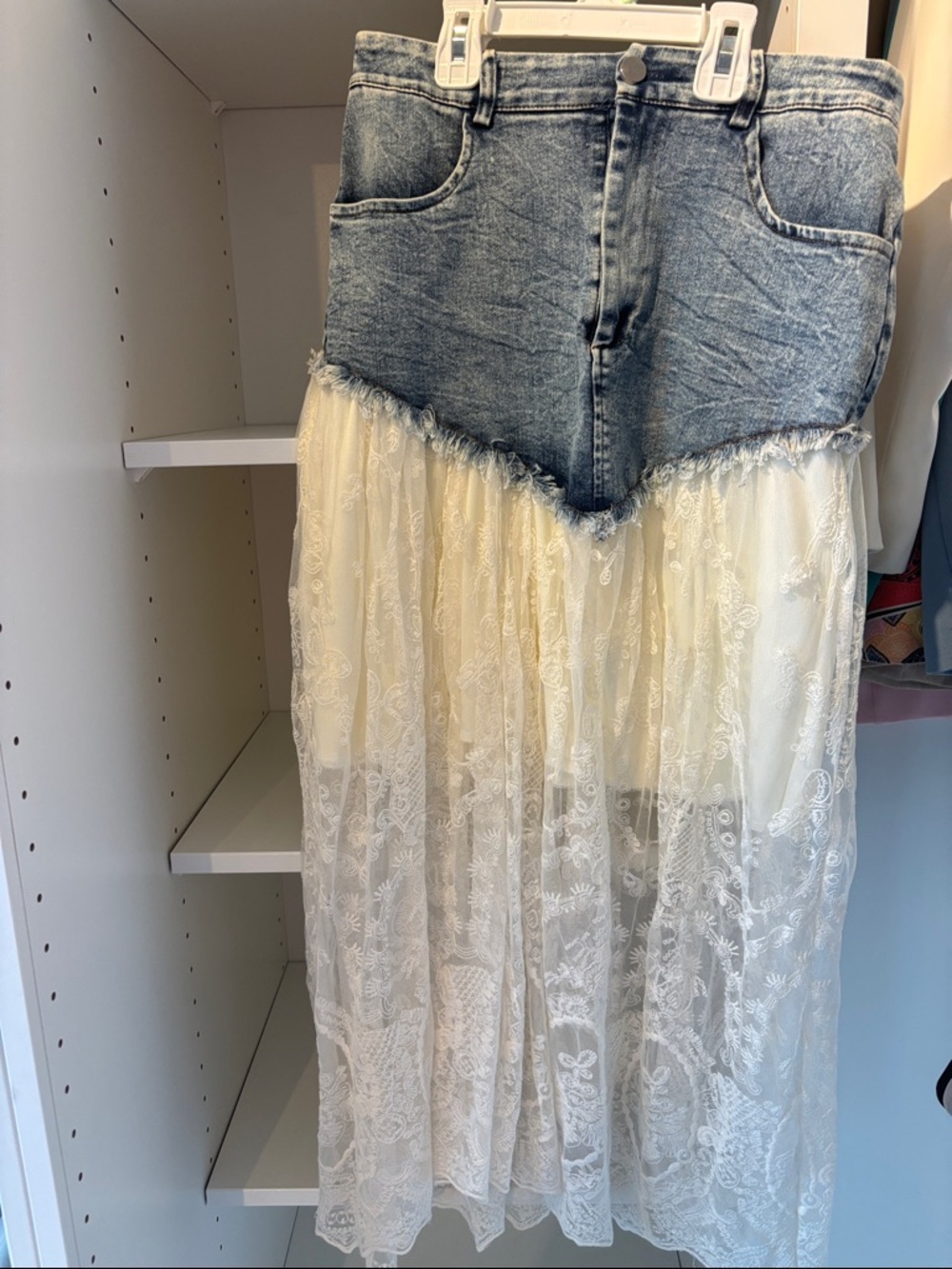 Denim Waist Lace Maxi Skirt in Light Blue and Cream